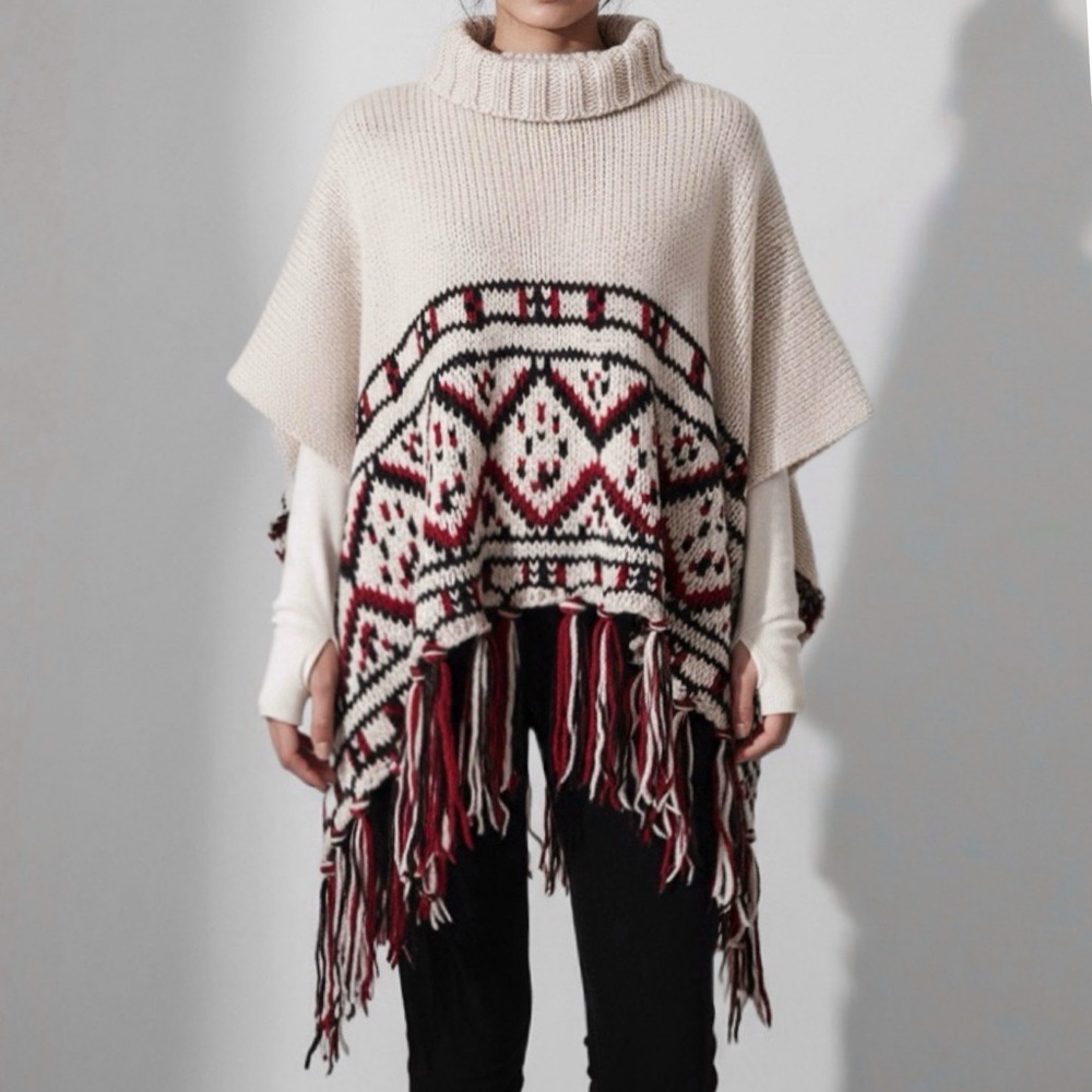 Vintage Chunky Knit Poncho Turtleneck Sweater O/S Cream Fringe Asymmetric